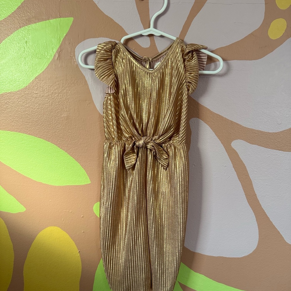 Rose Gold Pleated Shimmering Jumpsuit with Ruffle Sleeves